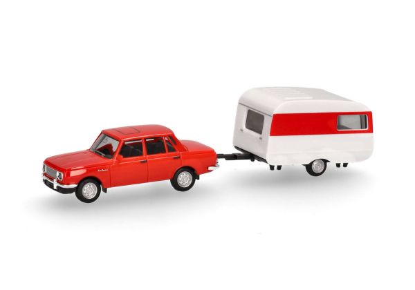 HER028585 - WARTBURG 353 red with Qek-Junior caravan - 1