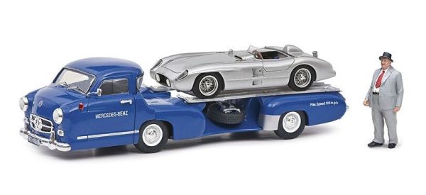 SCH03768 - MERCEDES car carrier blue with MERCEDES 300 SLR grey with figurine - 1