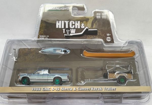 GREEN32250-C_VERT - GMC S-15 Sierra 1988 blue with green rims and HITCH & TOW canoe and kayak trailer in blister pack - 1