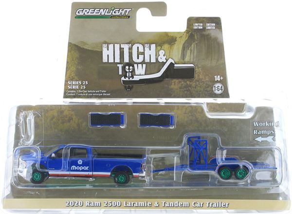 GREEN32250-D_VERT - DODGE RAM 2500 Laramie 2020 with green wheels and MOPAR car carrier trailer from the HITCH & TOW range, blister-packed - 1