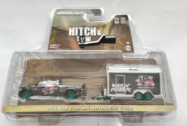 GREEN32270-C_VERT - DODGE RAM 2500 VP-RACING FUELS-MAKIN with green wheels and HITCH & TOW trailer in blister pack - 1