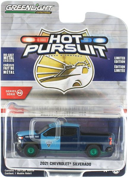 GREEN43000-EVERT - CHEVROLET Silverado with green wheels 2021 Massachusetts State Police from the HOT PURSUIT series in blister pack - 1