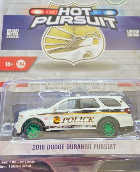 GREEN43015-EVERT - DODGE Durango Pursuit green wheels 2018 United States Secret Service from the HOT PURSUIT series in blister pack - 1