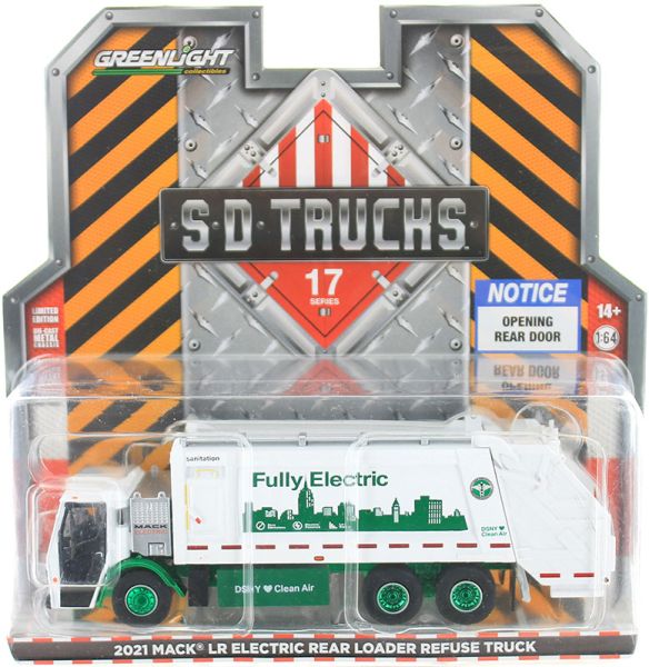 GREEN45170-CVERT - MACK LR Electric garbage truck from New York 2021 with green rims from the SD TRUCKS series in blister pack - 1