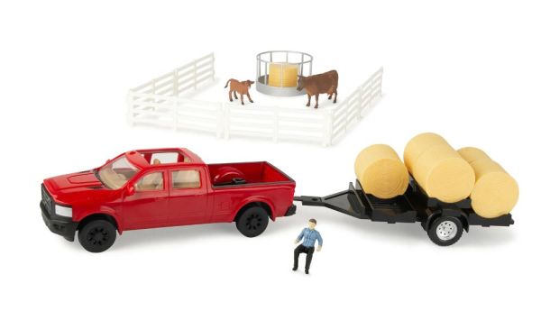 ERT47598 - Red pick-up with 6 round bale trailer and animals - 1