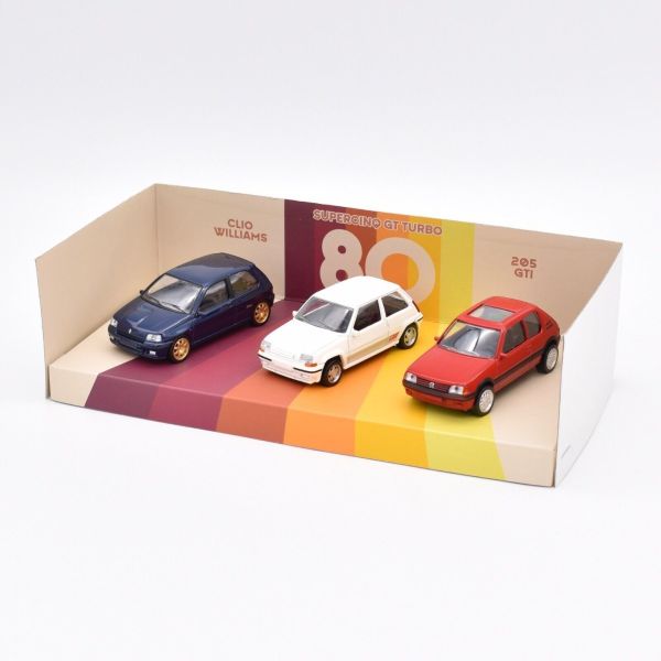 NOREV479992 - Pack of 3 cars - RENAULT clio Williams blue - RENAULT SuperCinq GT turbo white and PEUGEOT 2005 GTI 1.6 red - 1