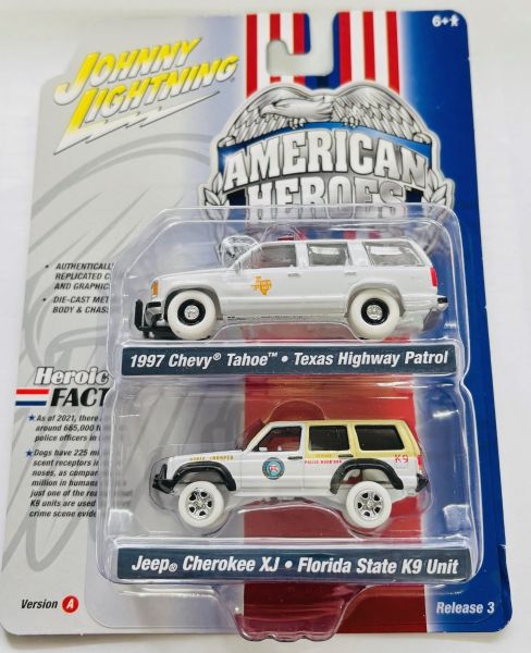 JLPK019A-3 - CHEVROLET Tahoe 1997 - Texas Highway Patrol and JEEP Cherokee XJ - Florida State K9 Unit - AMERICAN HEROES - from TWIN PACK 2022 series A in blister pack - 1