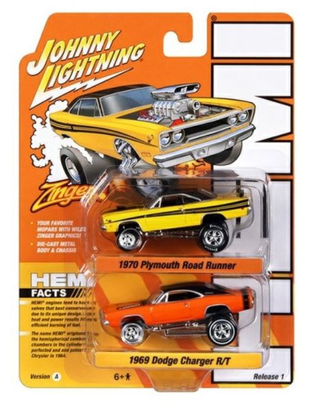 JLPK020A-2 - PLYMOUTH Road Runner 1970 yellow and DODGE Charger R/T 1969 Orange from the HEMI series in blister packs - 1