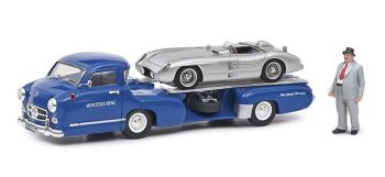 SCH03768 - MERCEDES car carrier blue with MERCEDES 300 SLR grey with figurine