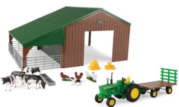 BRI47024 - Shed with JOHN DEERE; tray and animals