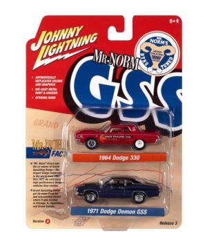 JLPK019A-1 - DODGE 330 1964 red and DODGE Demon GSS 1971 blue - Mr. NORM - from TWIN PACK 2022 series A in blister pack